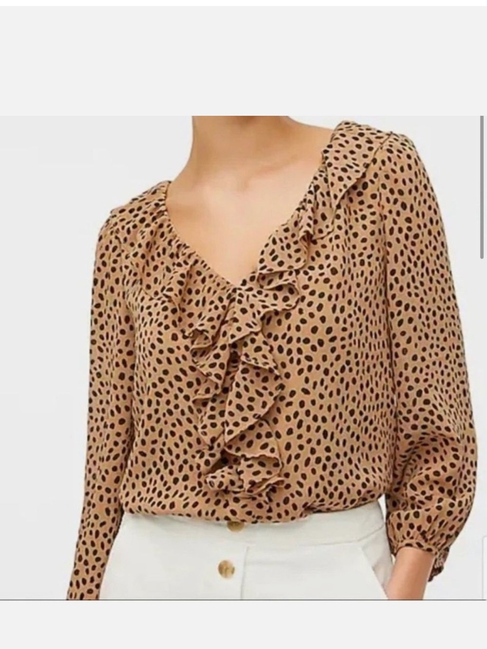 J. Crew Factory Tan Black Printed Ruffled V-Neck Polka Dot Blouse EUC Large